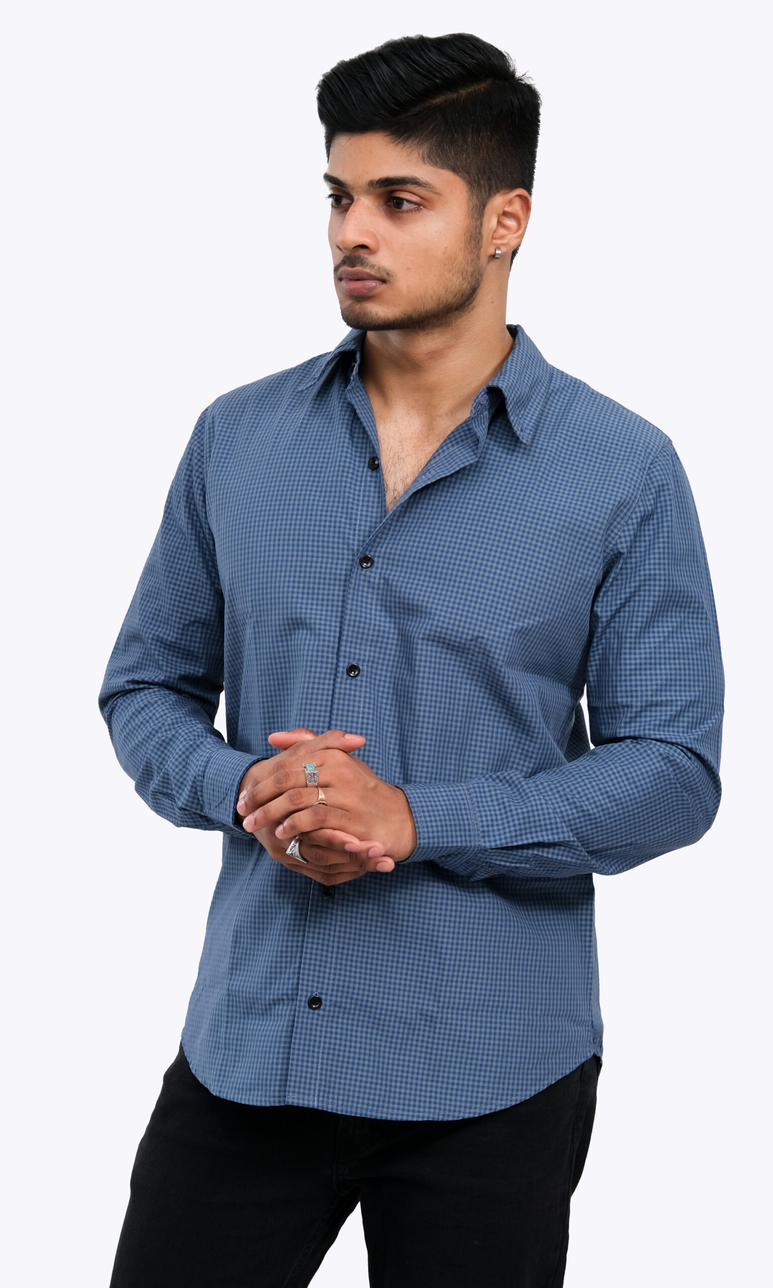 Dark Blue Chinese Collar Casual Wear L/S Shirt - Cappuccino Clothing