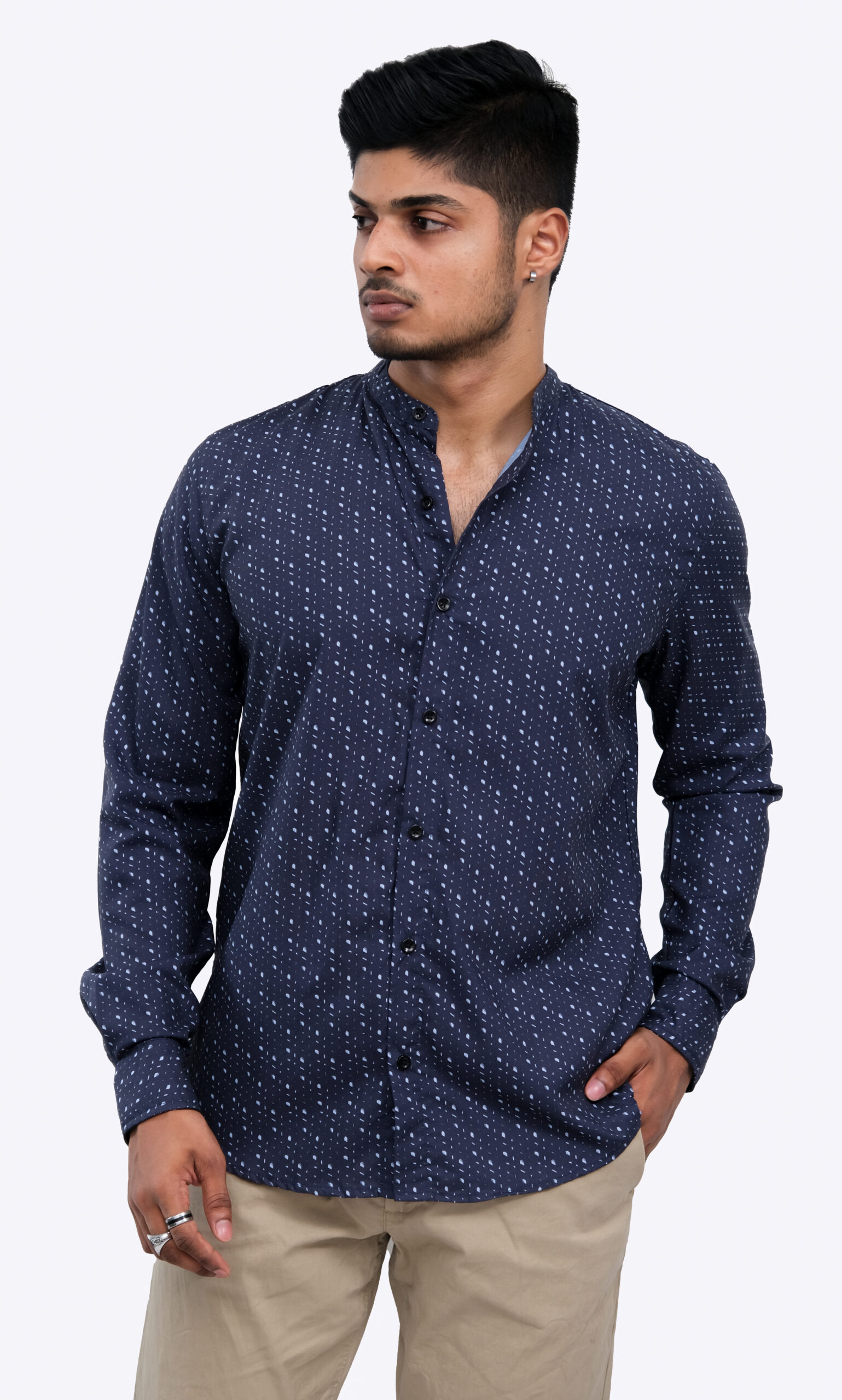 Dark Blue Chinese Collar Casual Wear L/S Shirt - Cappuccino Clothing